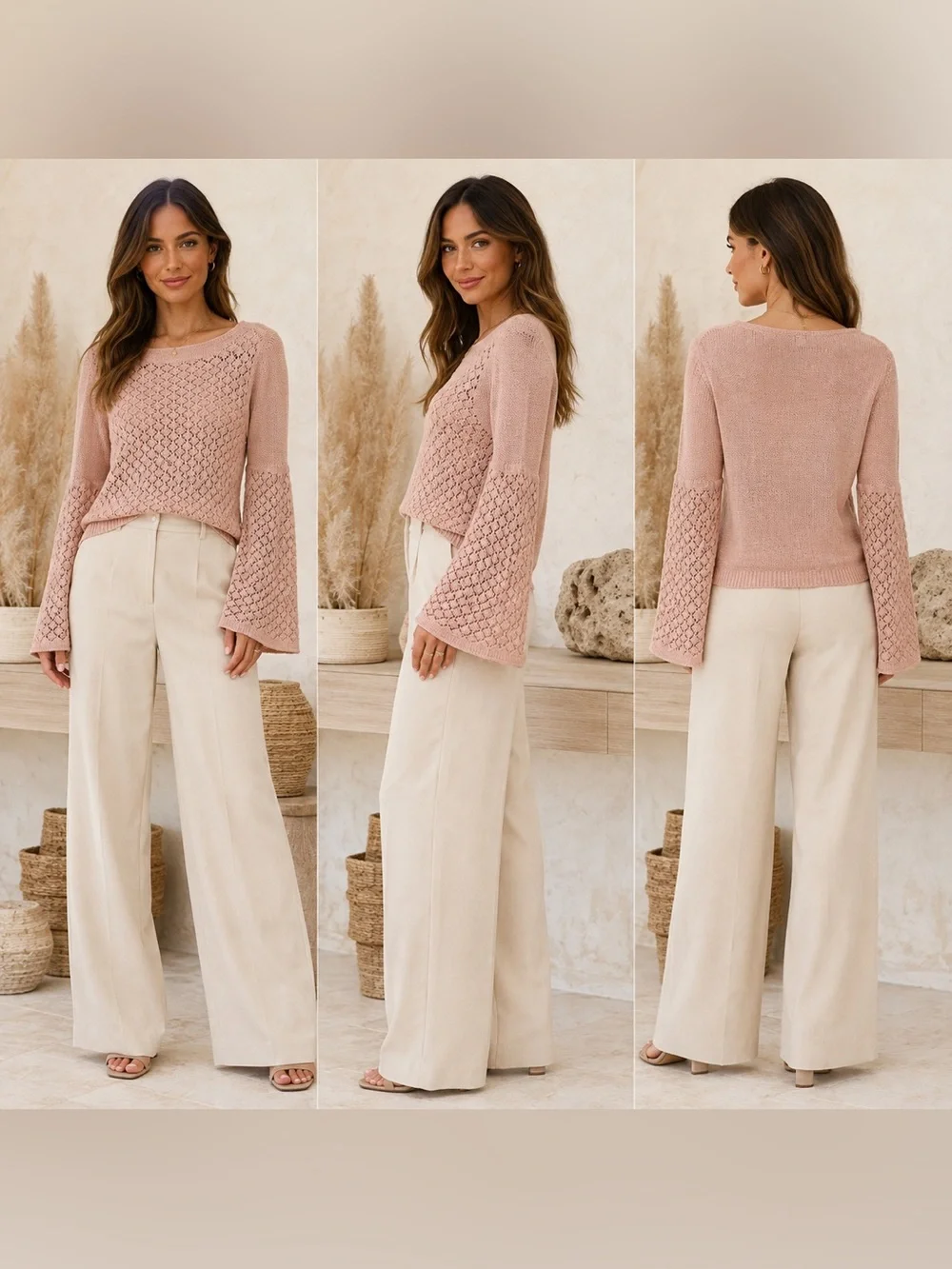 Sundance Pink Linen Blend Open-Knit Bell Sleeve Sweater Top, Size Medium